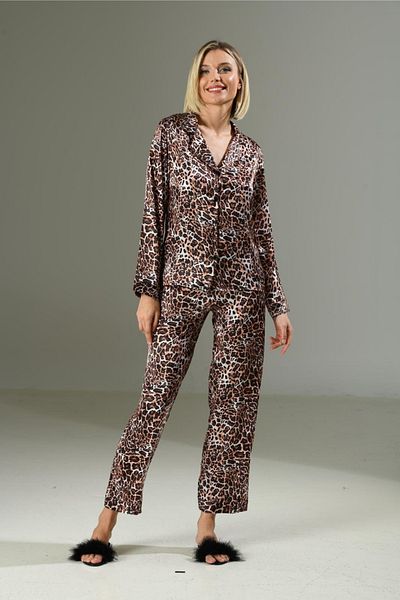 HOBİ CONDİ Deluxe Design Model Special Series Soft Texture Feature Leopard Pattern Satin Nightgown Set