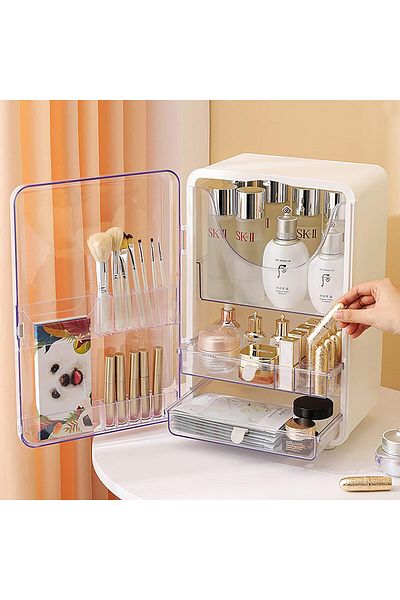 COOYA Large capacity cosmetics storage box,with lid and 2 drawers,for bathroom and dressing table,white