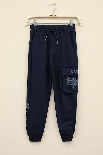 Cansın Mini Navy Blue Text Printed Boys' Elastic Waist Sweatpants with Pockets