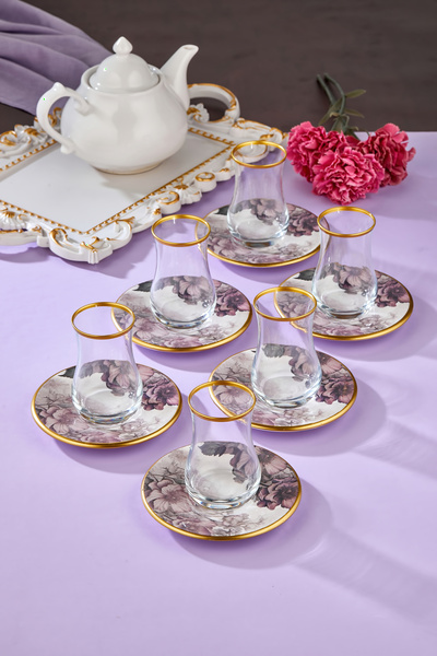 Mabeyn Purple 6 Kişilik Seramik Tabaklı Çay Bardağı Takımı Seti