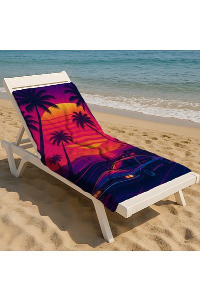 Viadela Retro Sunset Palm and Car Pattern Beach Towel – Neon Summer Theme