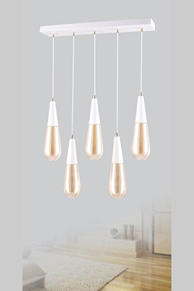 Sedef 5'li Beyaz Renk Metal Bal Renk Camlı Sıralı Sarkıt Avize