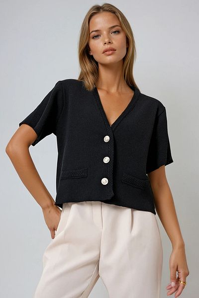 VAGGON Women's Black V-Neck Gold Buttoned Pocket Detailed Knitwear Cardigan Prmx12745