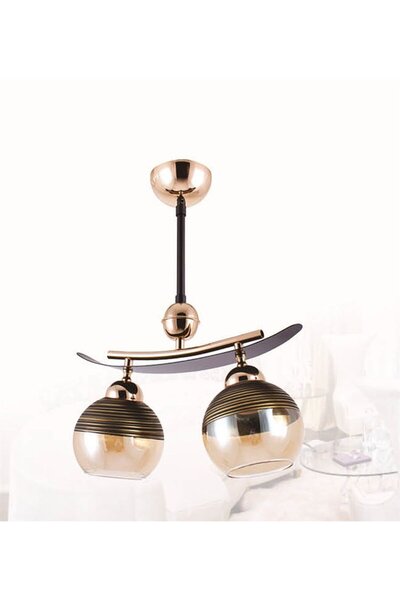 Sedef 2'li E27 Duy Siyah / Gold Renk Metal Bal Camlı Sıralı Sarkıt Avize