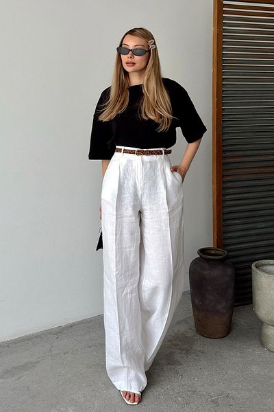 Olcay Pantaloni confortabili din in - alb 7578 cu centură și accesorii