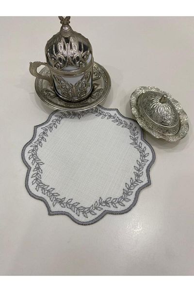 İNCİ ÇEYİZ 6 Pieces of Linen Fabric with Needle and Repeat Pattern Embroidered Coffee Side Cocktail Napkin & Coaster.