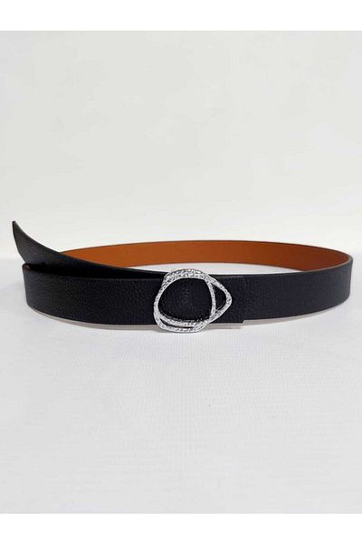 Kemerix Black-Tan Reversible Silver Buckle Women's Belt