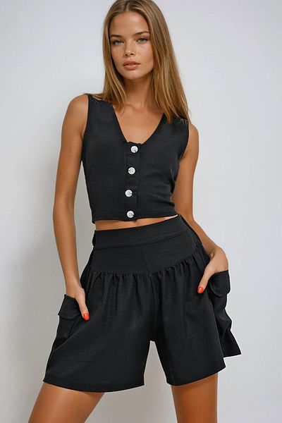 VAGGON Women's Black Flared Linen Shorts Vest Suit Prmx12368
