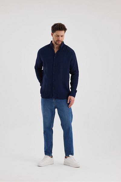 macharel jeans Ανδρικό ύφασμα μουσελίνας 100% βαμβακερό μακρυμάνικο πουκάμισο με άνετη εφαρμογή