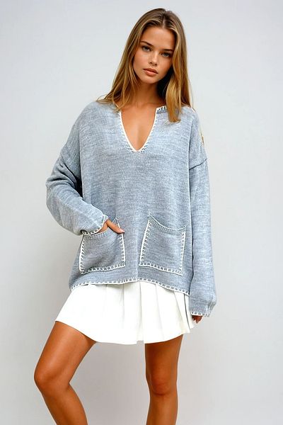 VAGGON Women's Gray V-Neck Embroidery Detailed Double Pocket Knitwear Sweater Prmx12742