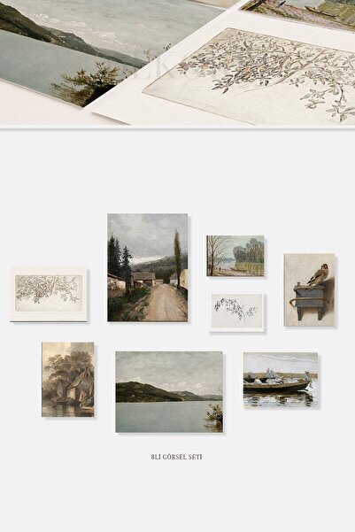 HOME DEKORİSTA Çerçevesiz Vintage 8'li Poster Seti, Galeri Duvarı, Sanatsal Baskı