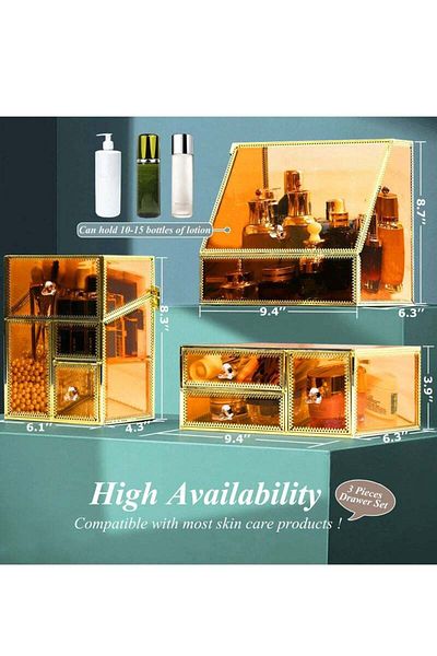 COOYA 3-piece cosmetic glass storage box,high hardness,dust-proof design,with flip cover and drawer,amber