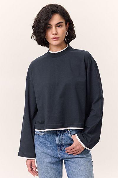 Manuka KONTRASTNÍ BARVA TRIKO S DLOUHÝM RUKÁVEM NAVY BLUE