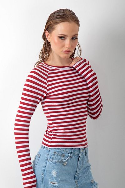 LUQAJ Red White Striped Long Sleeve Body Soft Touch Raglan Basic Blouse Flexible T-Shirt