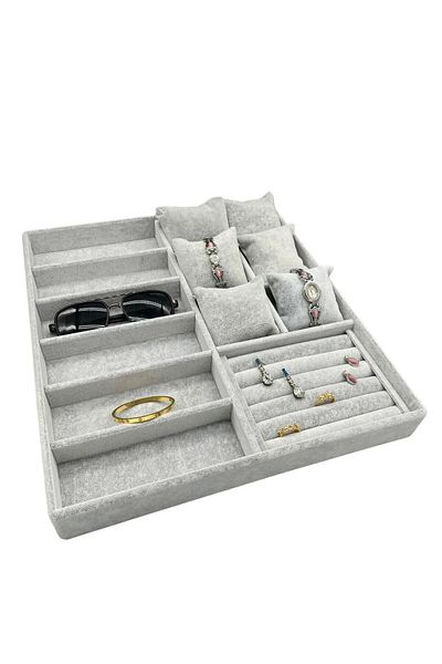MeGass Dekor Domestic Production Miami Model Suede Fabric Gray Color 38cm /34 cm Mix Jewelry Display Drawer Stand