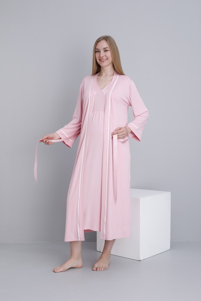 Miss Dünya Lissa طقم ثوب نوم للحوامل والأمهات بأكمام طويلة ورقبة على شكل حرف V مع ثوب صباحي