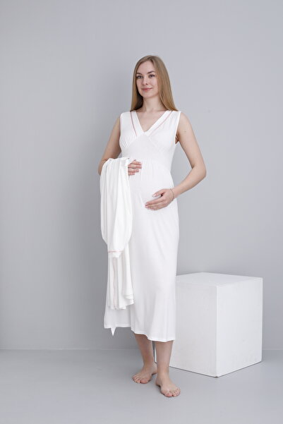Miss Dünya Lissa Pregnant and Maternity V-Neck Zero Sleeve Nightgown Set with Dressing Gown
