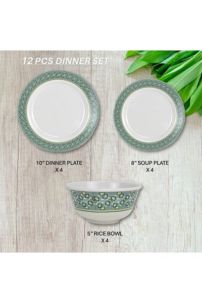 Melrich 12 Pcs Melamine Dinner Set Includes Dinner and Soup plates, Bowl Dishwasher and Freezer safe