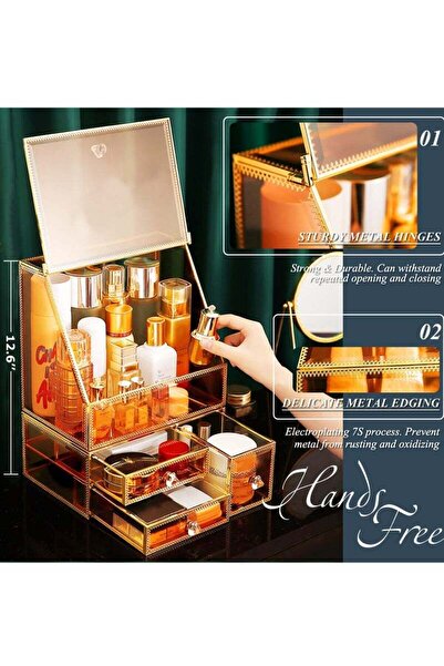 Yelajoy 3-piece cosmetic glass storage box,high hardness,dust-proof design,with flip cover and drawer,amber