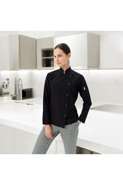 Dinçer Atakan İş Elbiseleri Chefpro Kadın Siyah Şef Ceketi Aşçı Kıyafeti