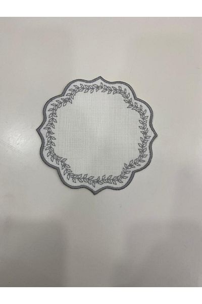 İNCİ ÇEYİZ 6 Pieces of Linen Fabric with Needle and Repeat Pattern Embroidered Coffee Side Cocktail Napkin & Coaster.
