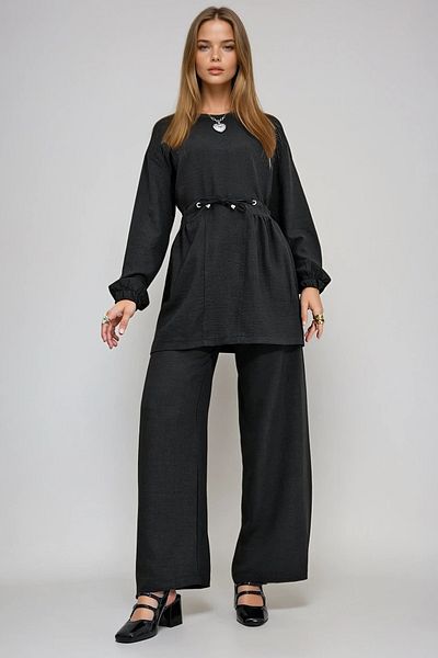 VAGGON Women's Black Crew Neck Self-Belt Palazzo Trousers Tunic Suit Prmx12299