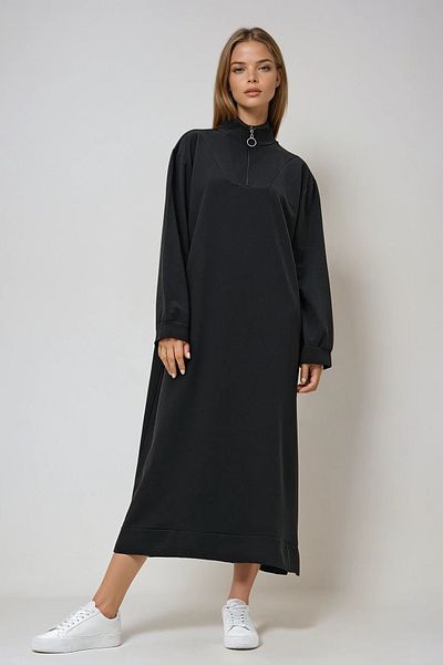 VAGGON Γυναικεία μαύρη φούστα με γιακά, μάξι φόρεμα με φερμουάρ Prmx12892