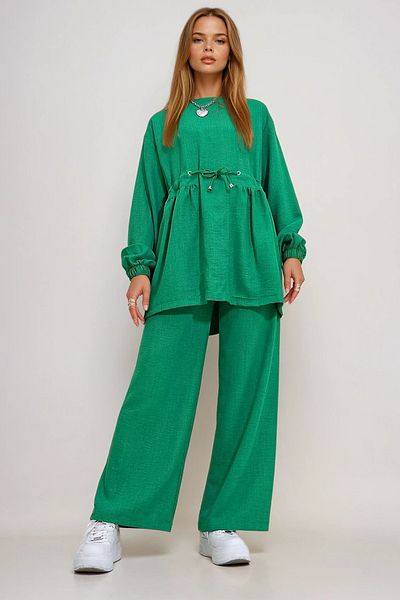 VAGGON طاقم رقبة الدراجة باللون الأخضر الزمردي، بدلة Palazzo Pants ذاتية الحزام Prmx12299