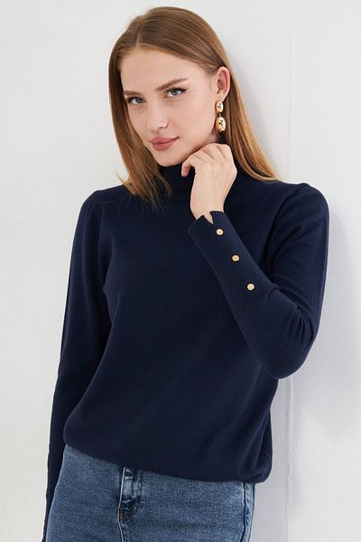 Irmak Kerekli Pulover de damă, albastru bleumarin, cu mâneci snap, cu gât țesut 1050