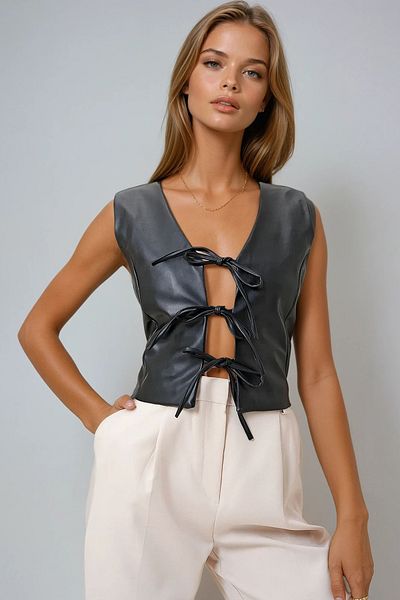 VAGGON Women's Black Bow Detailed Lined Laced Faux Leather Vest Prmx12719