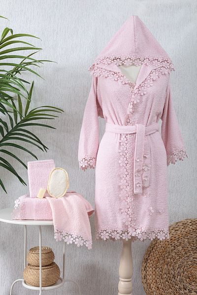 TİNİMİNİ HOME Σετ γυναικείο μπουρνούζι Rosa Laced Laced | 6 τεμάχια | Σετ μπουρνούζι | Ροζ | 100% βαμβάκι | Σετ προίκας