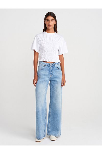 Dilvin 71765 Pantaloni albaștri din denim - Spălat cu zăpadă cu talie joasă