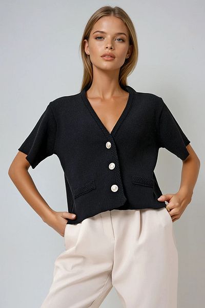 VAGGON Women's Black V-Neck Gold Buttoned Pocket Detailed Knitwear Cardigan Prmx12745
