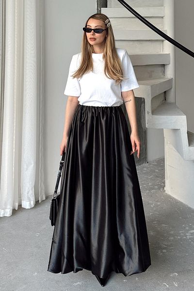 Olcay Elastic Waist Balloon Satin Skirt Black 7058