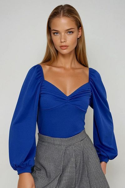 VAGGON Γυναικεία Saks Blue Kiss Collar Princess Sleeve Draped Πλεκτή Μπλούζα Prmx12963
