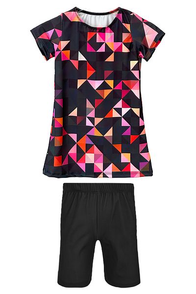 Remsa Mayo Pink Geometric Girls' Theaters R5005 Semi-Closed Swimsuit with Short Sleeve Tights