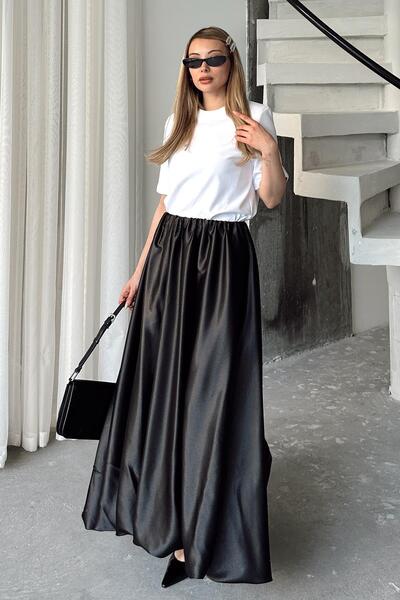 Olcay Elastic Waist Balloon Satin Skirt Black 7058