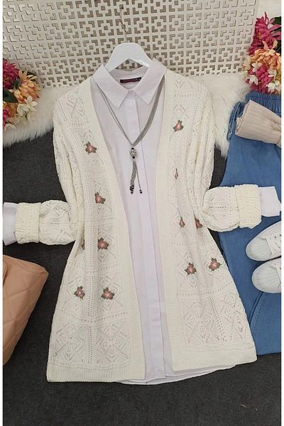 bergibo Openwork Flower Embroidered Long Cardigan - Openwork Knitted Cardigan
