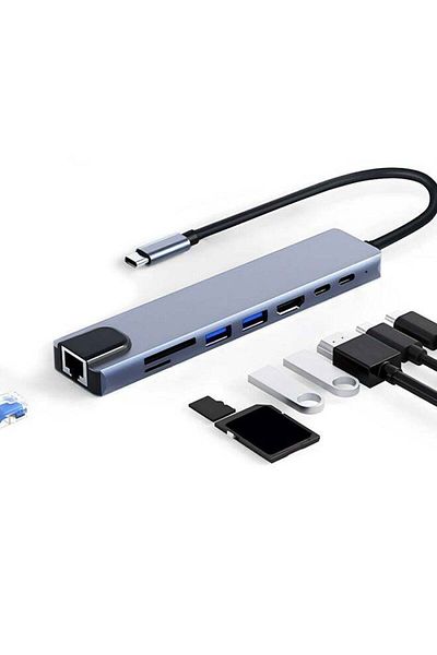 COOYA محطة إرساء 8 في 1 موزع USB-C مع USB (2.0/3.0/C)، قارئ بطاقات SD/TF، شحن PD، منفذ إيثرنت