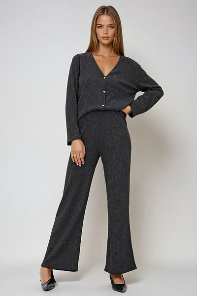 VAGGON Women's Anthracite V-Neck Stone Button Knitted Crepe Blouse and Pants Bottom Top Set Prmx12914