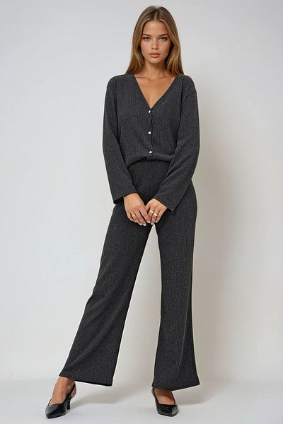 VAGGON Women's Anthracite V-Neck Stone Button Knitted Crepe Blouse and Pants Bottom Top Set Prmx12914