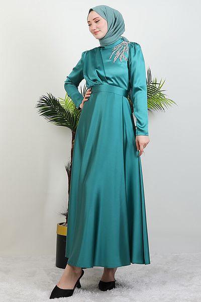 GİZ AGİYİM Satin Evening Dress - Shoulder Jewelled, Dark Mint