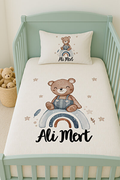 Lilabio %100 Pamuk İsme Özel İsimli 100x150 cm Pike Seti Gökkuşağı ve Ayıcık
