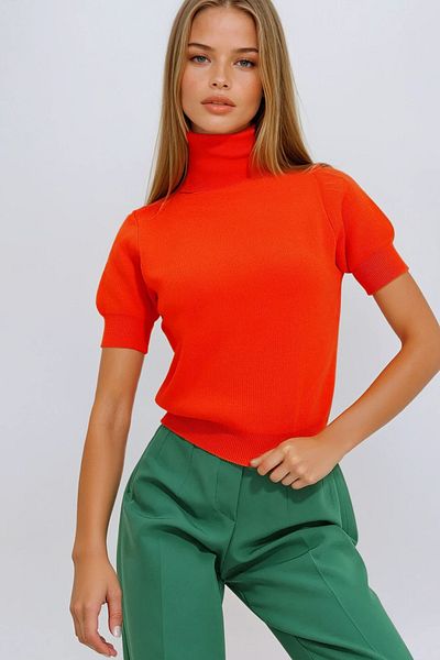 VAGGON Women's Dark Orange Turtleneck Short Sleeve Basic Knitwear Sweater Vgn-X10997