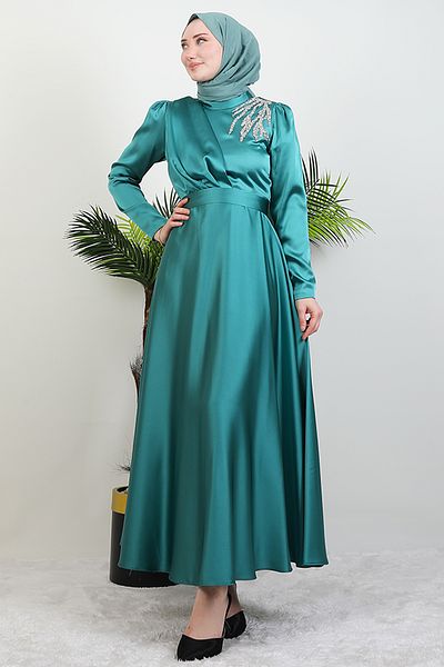 GİZ AGİYİM Satin Evening Dress - Shoulder Jewelled, Dark Mint