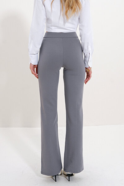 VAGGON Women's Gray High Waist Front Grassed Wide Leg Lycra Trousers Prmx9979