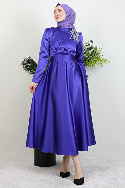 GİZ AGİYİM Purple Satin Evening Dress - Shoulder Stoned