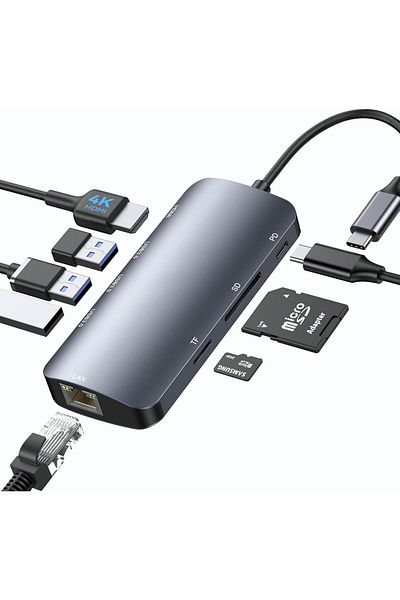COOYA محطة إرساء USB C Hub، شاشة مزدوجة مع 3 منافذ، RJ45 Ethernet، 4K@60Hz HDMI، قارئ بطاقات SD/TF
