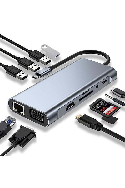 COOYA محطة إرساء USB C HUB، 11 في 1 مع HDMI بدقة 4K، VGA، RJ45 Ethernet، قارئ بطاقات SD/TF، AUX 3.5 مم