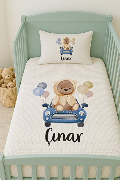 Lilabio %100 Pamuk İsme Özel İsimli 100x150 cm Pike Seti Arabalı Ayıcık